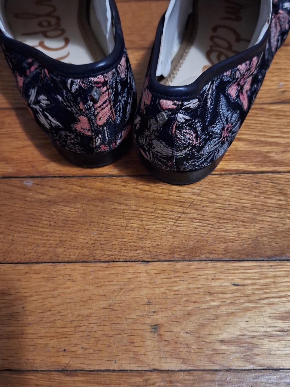 Sam Edelman Black Floral Jacquard Loafers with Pink and Gray Flowers - Picture 3 of 4